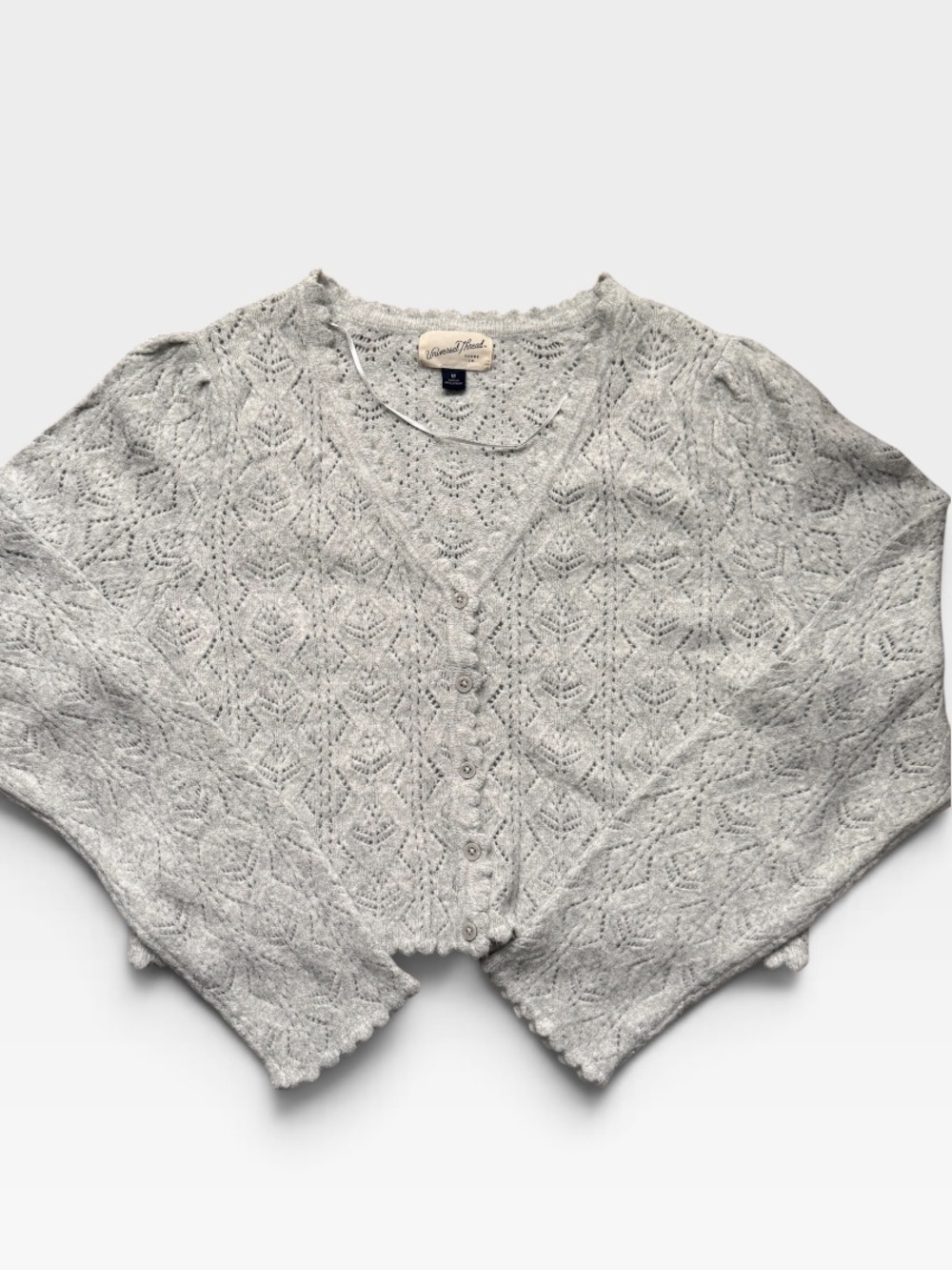Universal Thread Gray Pointelle Cropped Cardigan Scallop Trim Size Medium - Picture 2 of 4